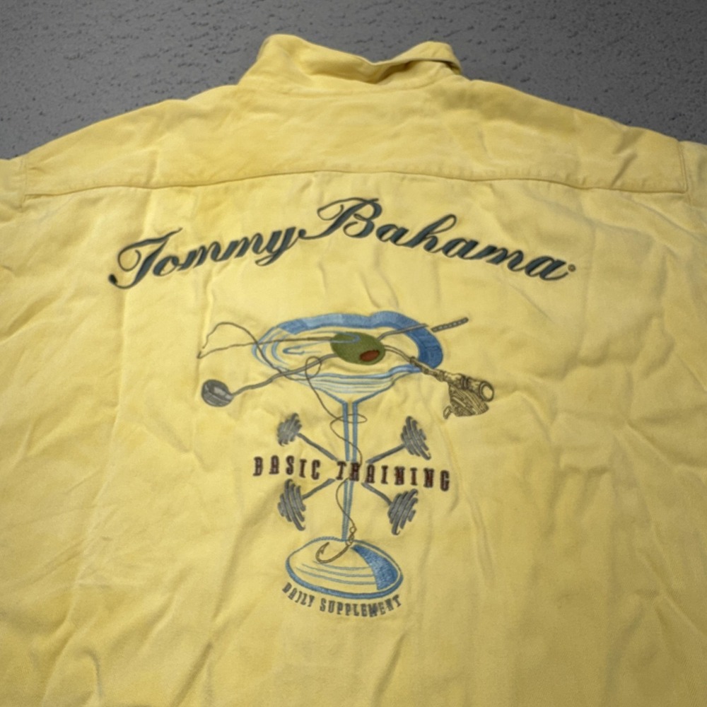 Tommy Bahama Shirt Mens Large Yellow Silk Camp Collar Martini Glass Golf Club